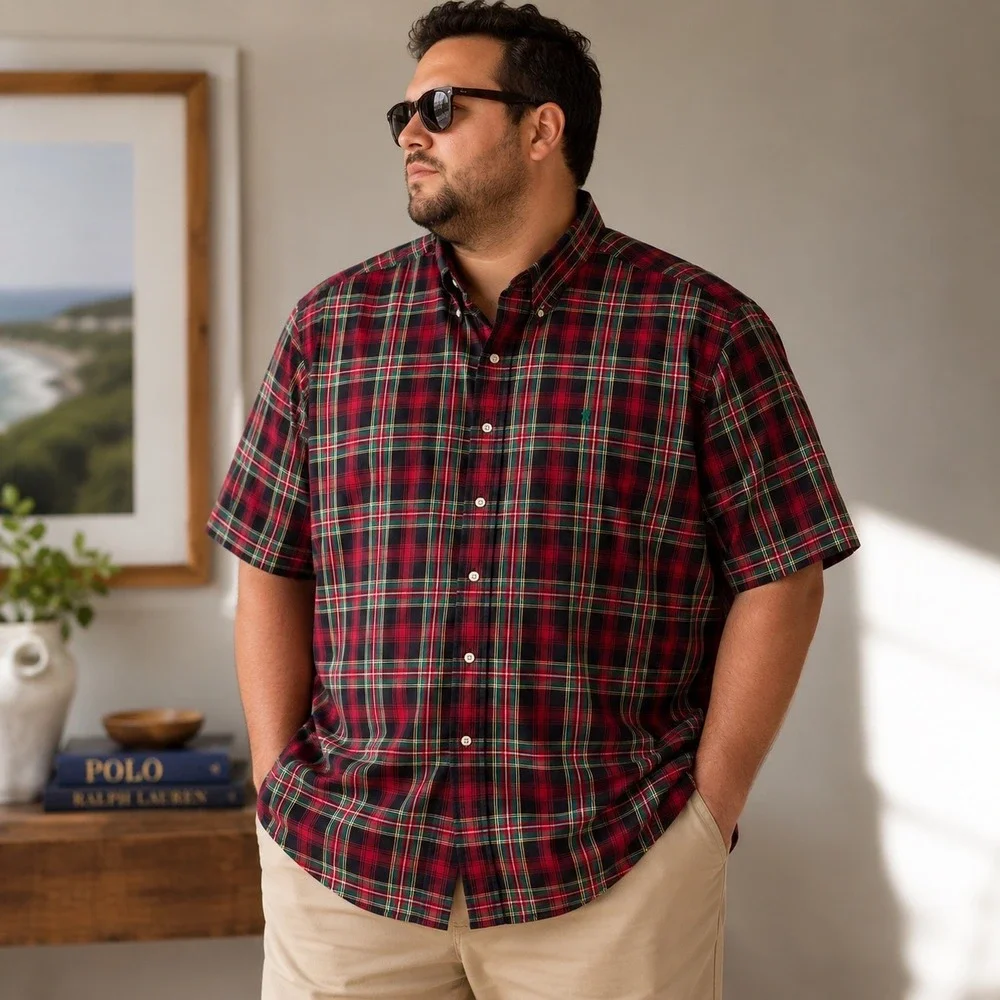 Polo Ralph Lauren Mens XXL Classic Fit Short Sleeve Plaid Button Down Shirt Red